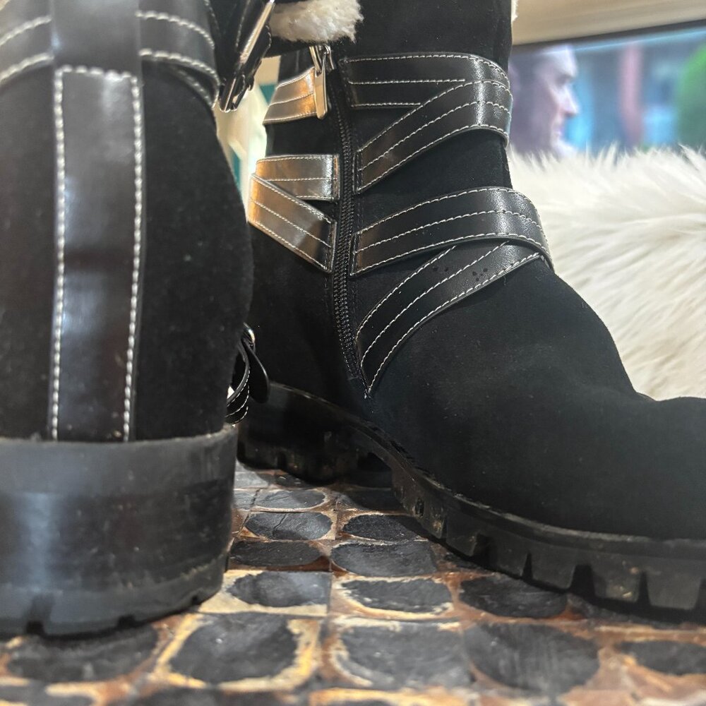 Chic Black Suede Buckle Booties – Size 11